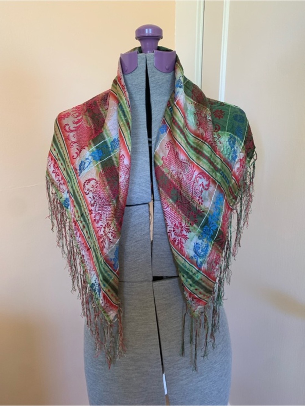 VTG Silk Piano Scarf Shawl Long Fringe India Plaid Madras 28x29"‎ Multicolor